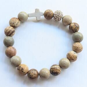 Natural Jasper Polished Stone Bead Cross Christianity Religious Stretch Bracelet